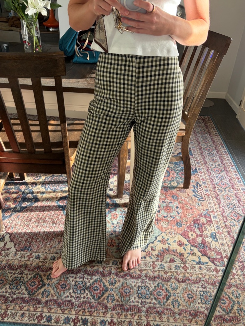 Free People Gingham High-Rise Wide Leg Pants in Black & Cream